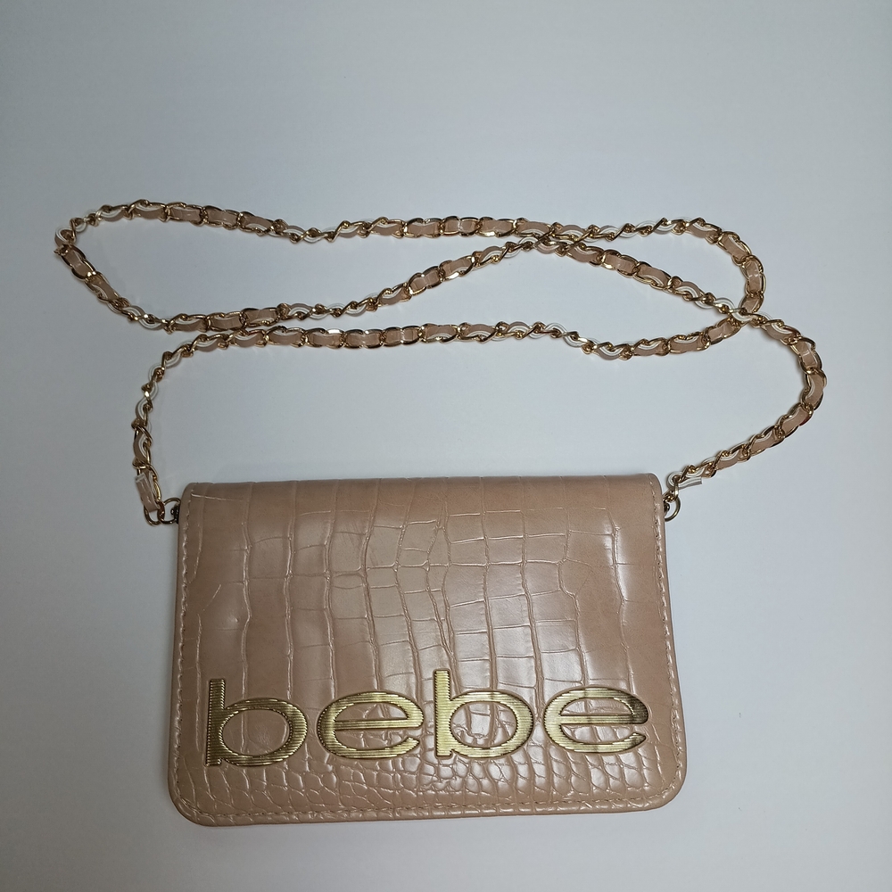 Bebe Tan Croc-Embossed Crossbody with Gold Chain